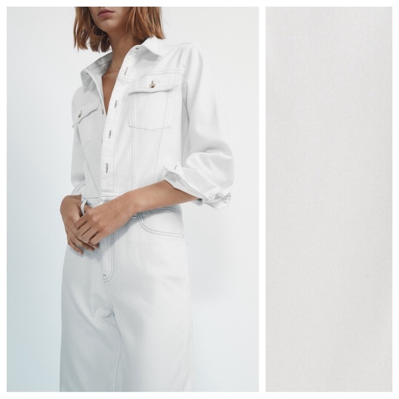 NWT. Massimo Dutti Off White Denim Jumpsuit with Contrast Topstitching. Size S. - Picture 5 of 13